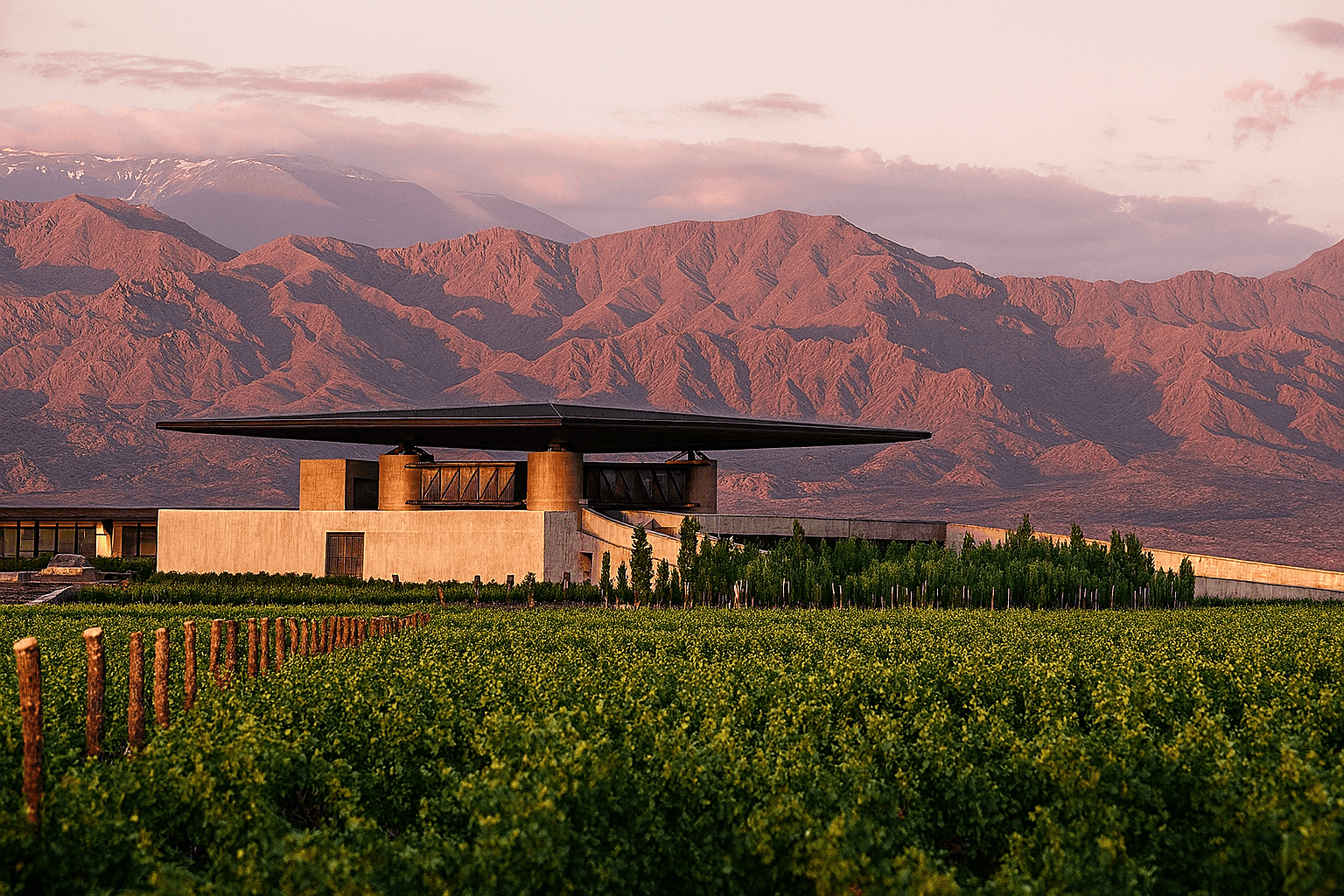 Viñedo y bodega al atardecer
