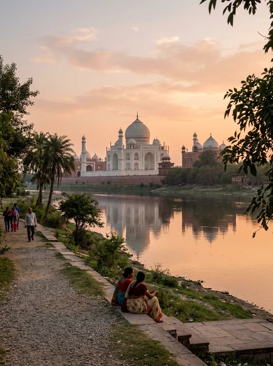 El Taj Mahal desde el río Yamuna al atardecer