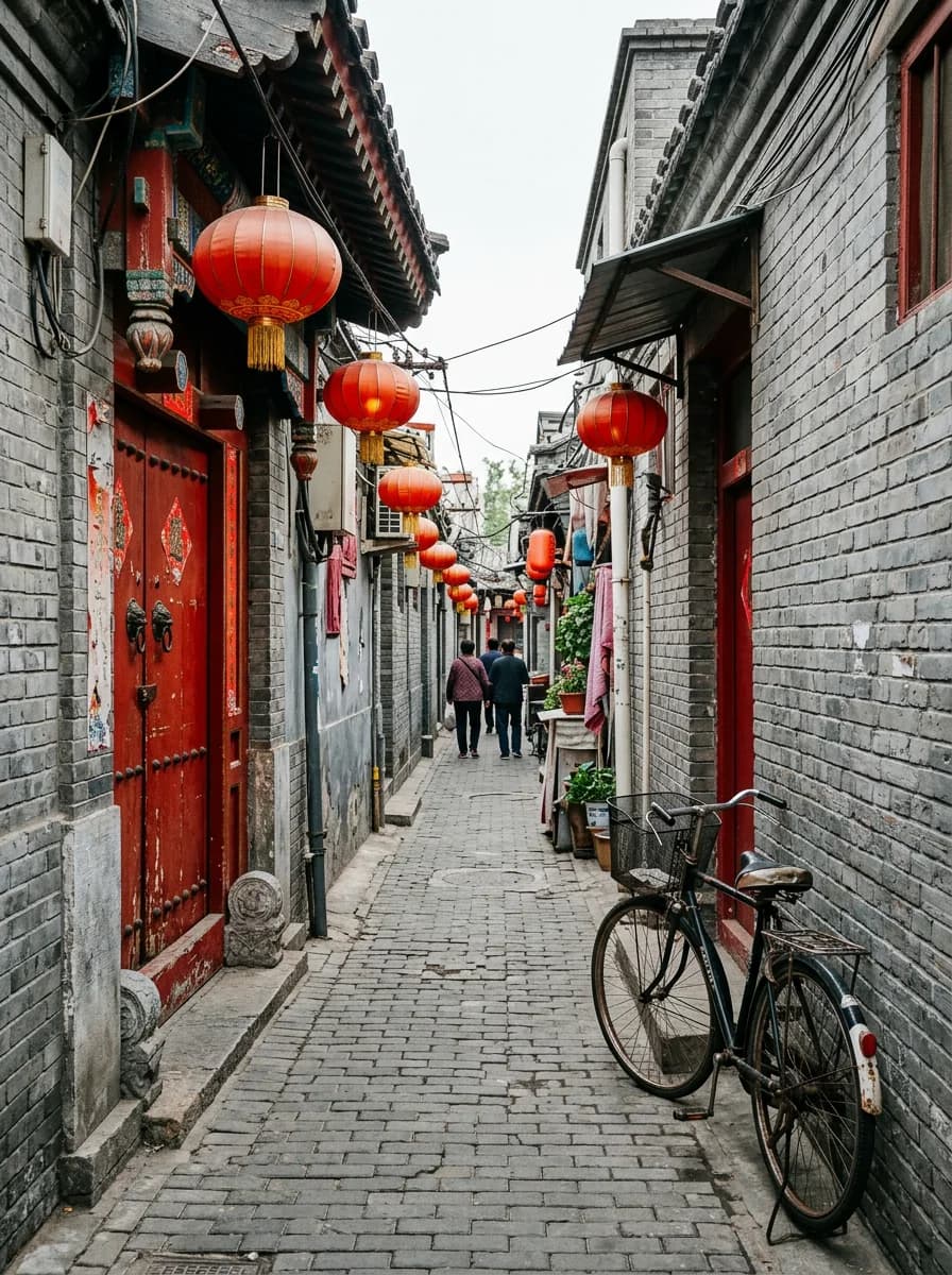Callejón hutong con puertas rojas