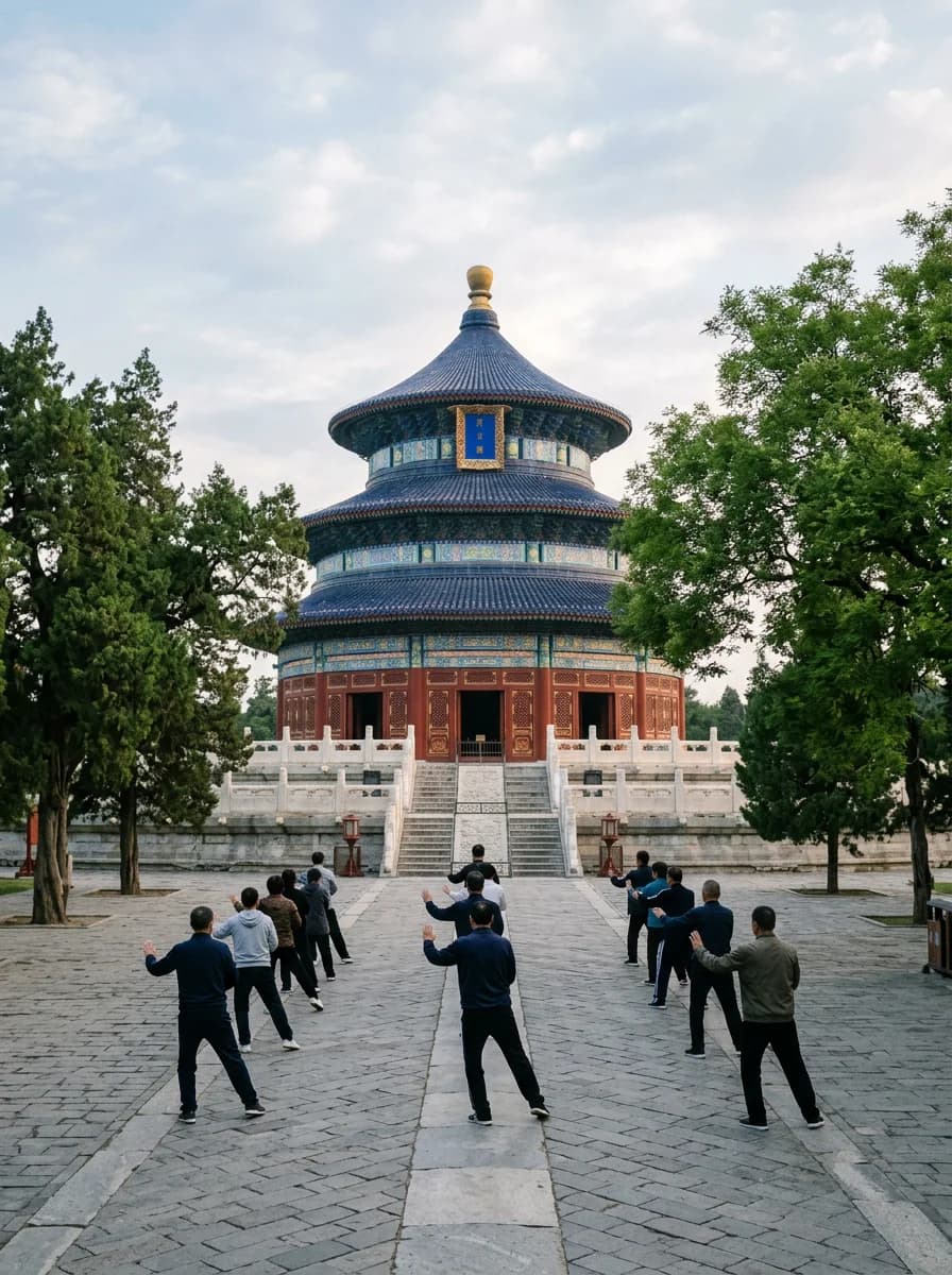 Templo del Cielo con gente practicando tai chi