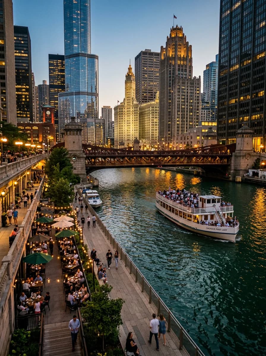El Riverwalk de Chicago con un barco turístico