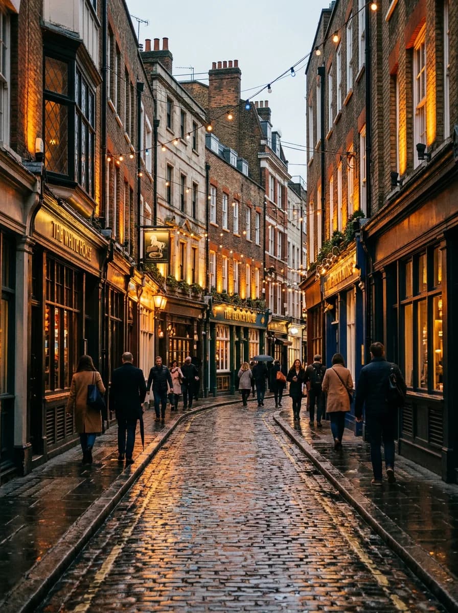 Calle del Soho londinense al anochecer