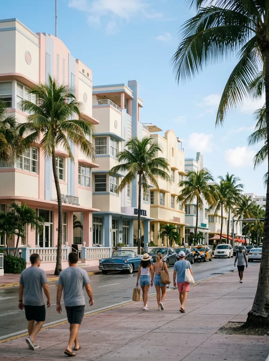Edificios art déco en tonos pastel sobre Ocean Drive