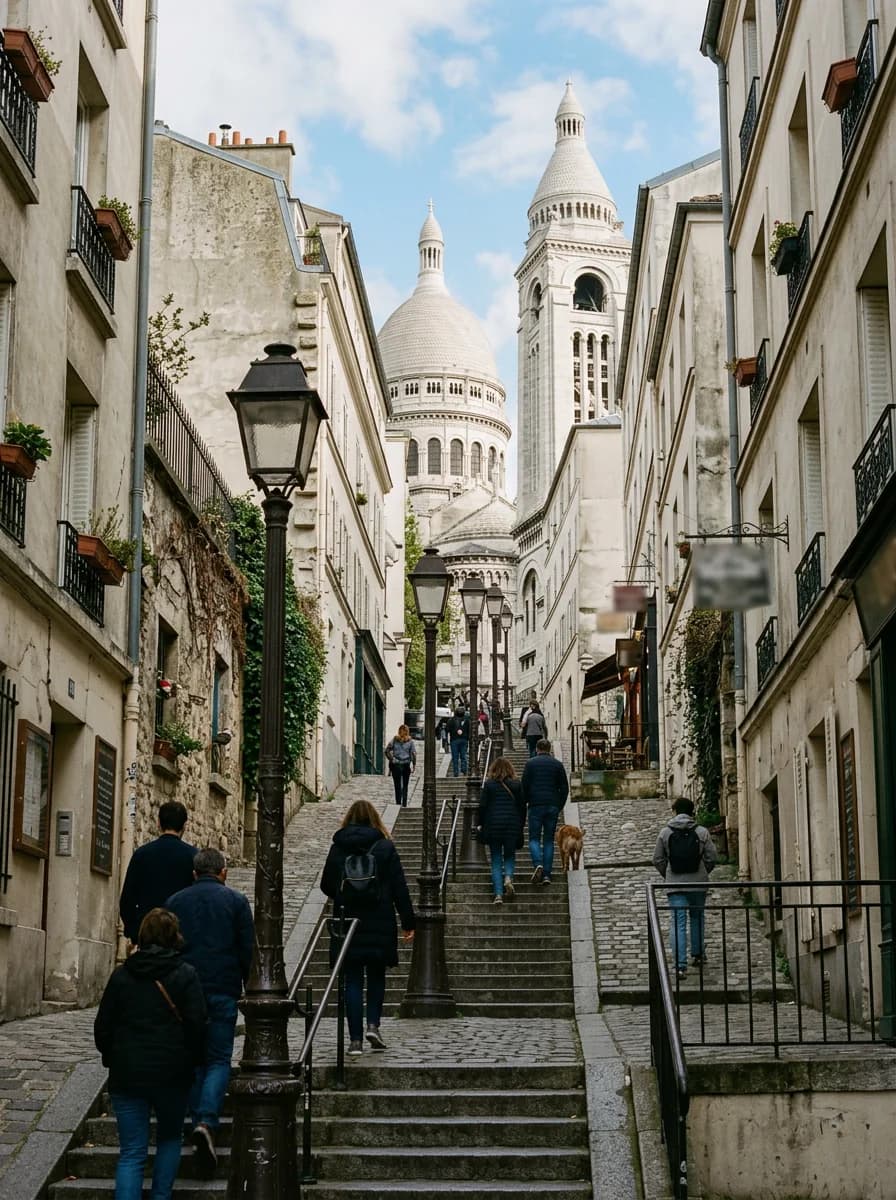 Escaleras de Montmartre con el Sacré-Cœur