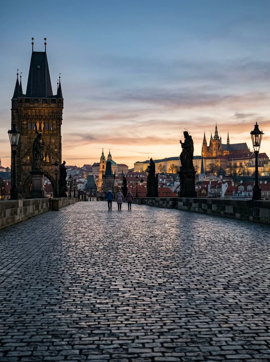 El Puente Carlos casi vacío al amanecer